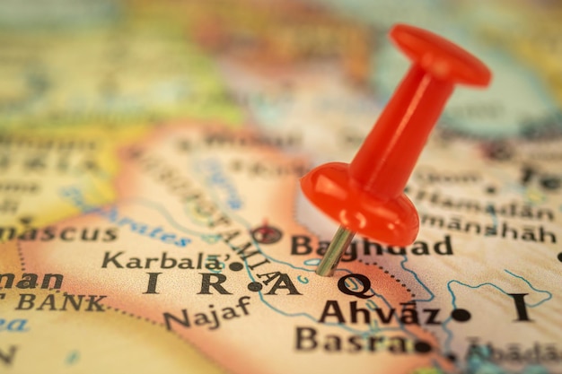 Location iraq travel map with push pin point marker\
closeup