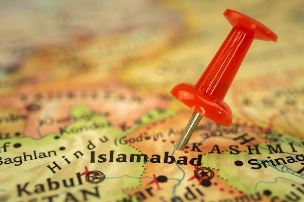 Location islamabad in pakistan travel map with push pin point\
marker closeup asia journey concept