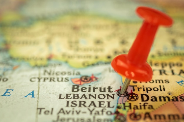 Location Lebanon and Beirut travel map with push pin point marker closeup Asia journey concept