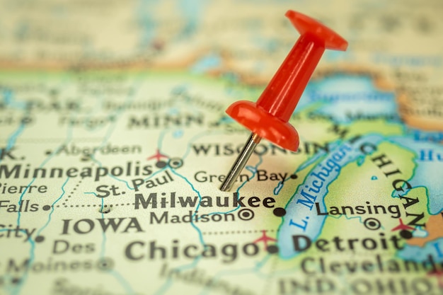 Location Milwaukee city in Wisconsin map with red push pin pointing closeup USA United States of America