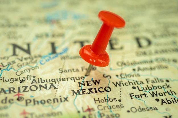 Location new mexico state, map with red push pin pointing\
close-up, usa, united states of america