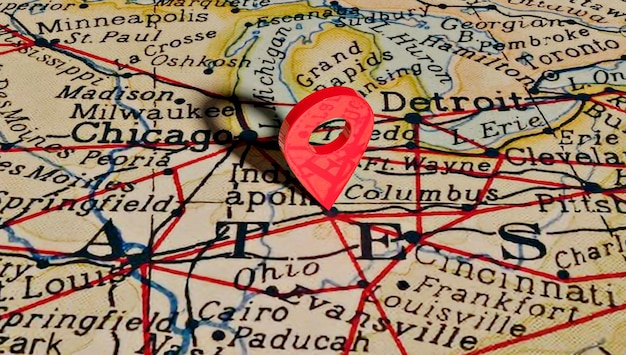 Location pin over the city of Indianapolis on map of United States of America