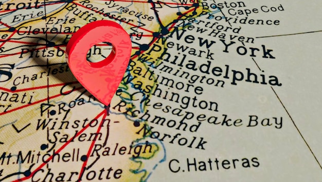 Location pin over the city of Richmond on map of United States of America