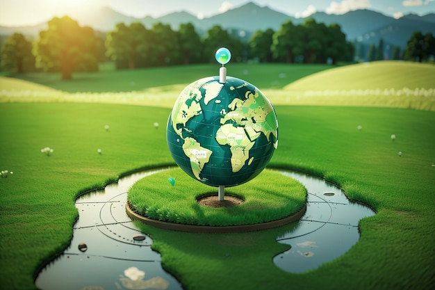 Location pin icon on earth and green grass in geographic information system concept