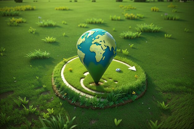 Location pin icon on earth and green grass in geographic information system concept