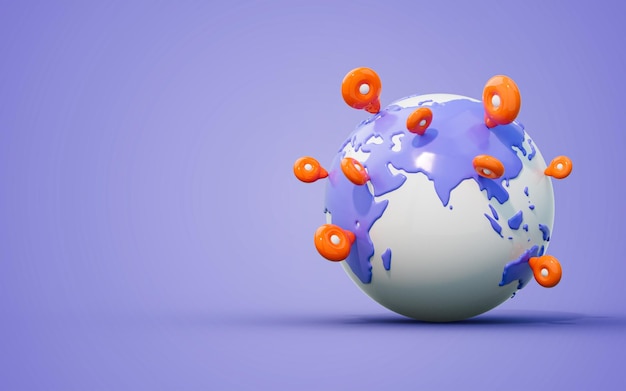 글로벌 비즈니스 확장 여행에 대한 글로벌 지구 3d 렌더링 개념의 위치 핀 포인터
