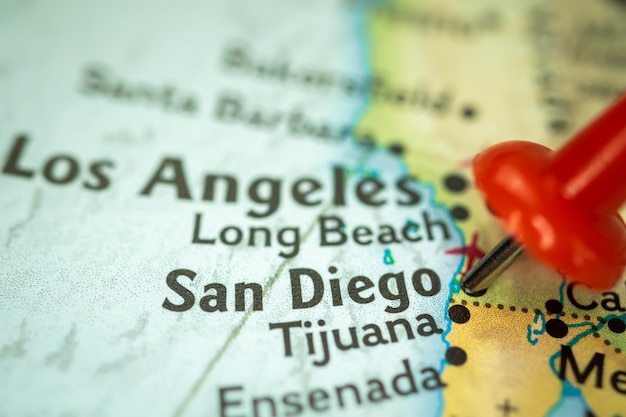 Location San Diego city in California, map with red push pin pointing close-up, USA, United States of America