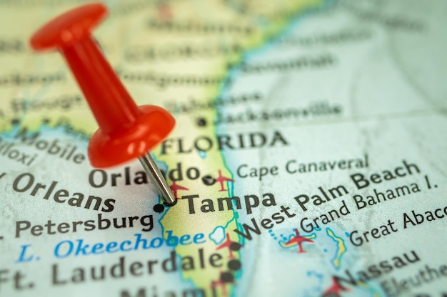 Location Tampa city in Florida map with red push pin pointing closeup USA United States of America