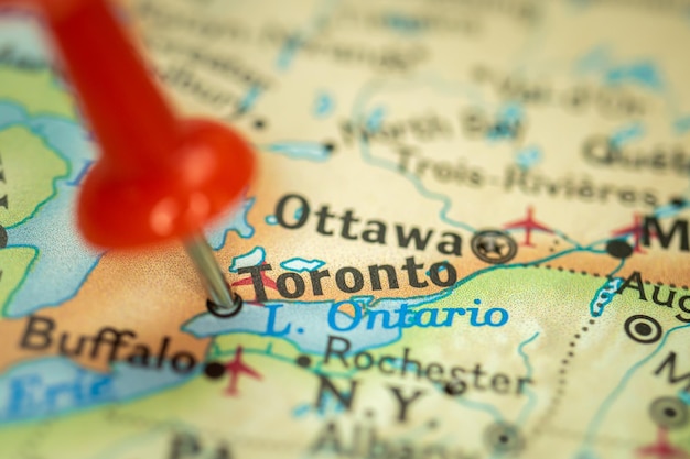 Location toronto city in canada map with red push pin pointing closeup north america