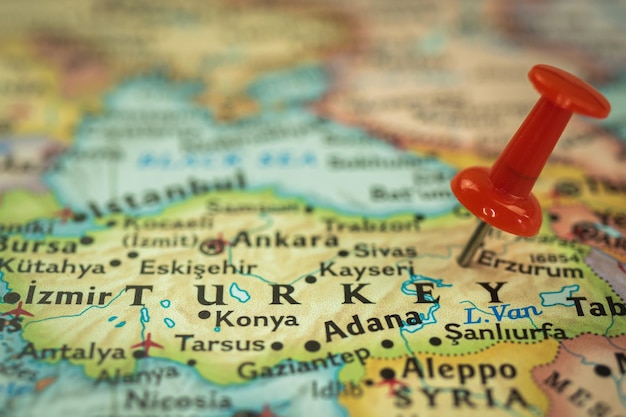 Location Turkey push pin on map closeup marker of destination for travel tourism and trip concept Europe