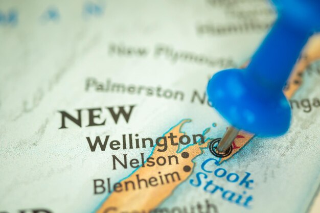 Location wellington in new zealand map with push pin closeup\
travel and journey concept