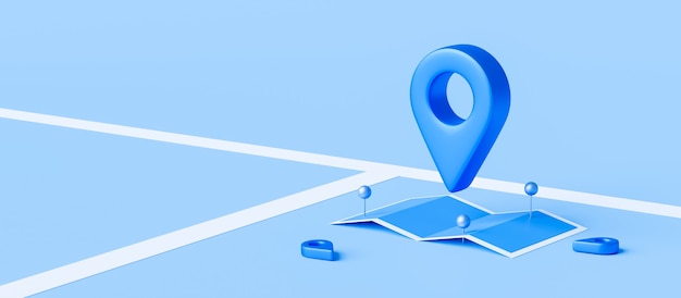 Locator mark of map and location pin or navigation icon sign on blue background with search concept.