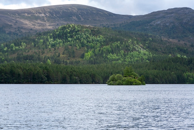 Loch een Eilein-kasteel in het midden van loch Eilein is in het Nationale Park Schotland van Cairngorms