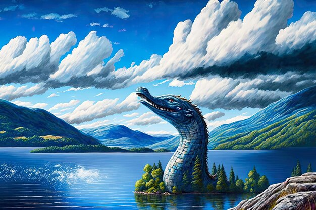 Loch Ness monster in lake against cloudy sky