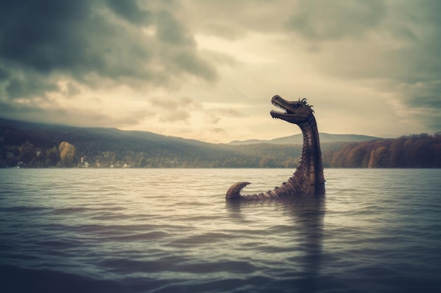 Loch Ness monster Nessie in the lake Generative AI illustration