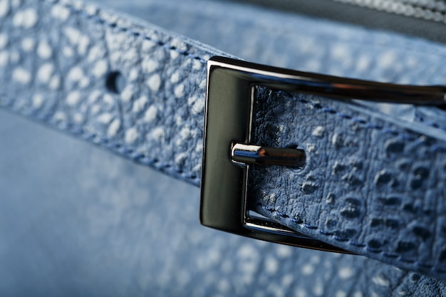 Photo lock and buckle close-up, elements of a blue backpack made of genuine leather on dark