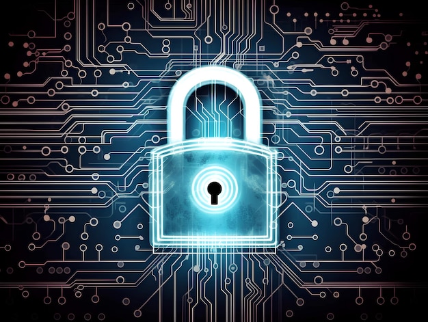 Lock in centre of circuit pattern Concept of data security cybersecurity encryption etc