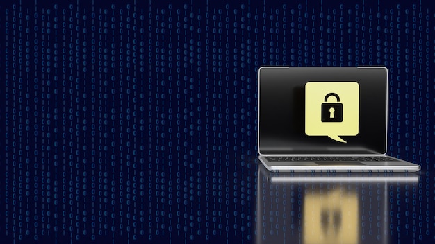 L'icona del lucchetto in oro sul notebook per il rendering 3d della sicurezza informatica