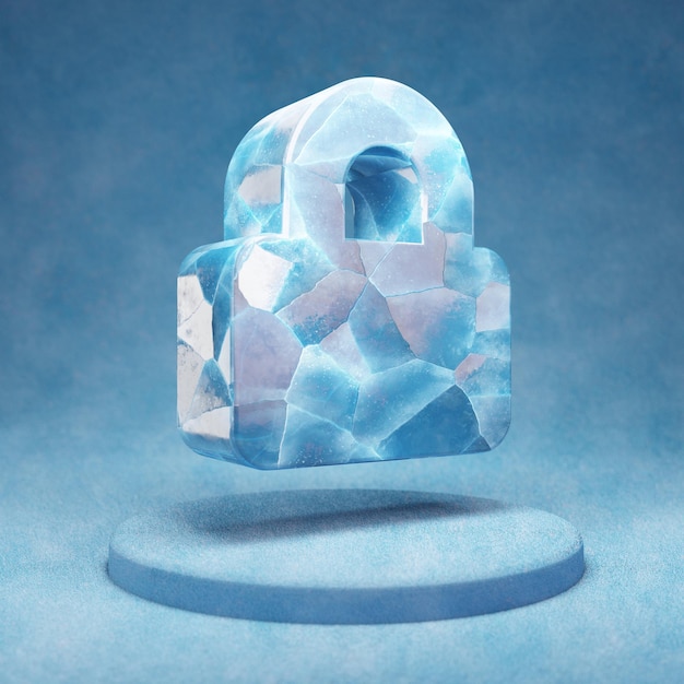Lock icon. Cracked blue Ice Lock symbol on blue snow podium. Social Media Icon for website, presentation, design template element. 3D render.