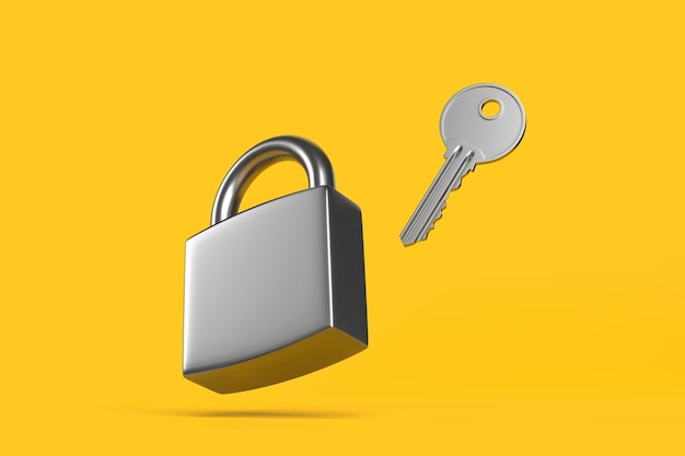 Lock and key fly on bright yellow background Security concept 3D render illustration