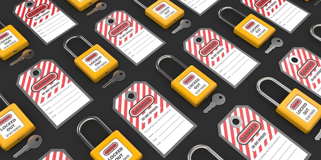 Lock out tag out with a danger tag 3d render illustrationDanger tags locks and keys