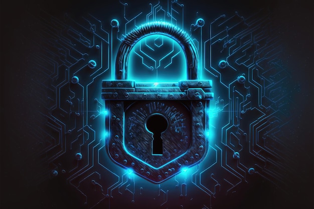 青の背景に南京錠をロック サイバー セキュリティ システム技術コンセプト