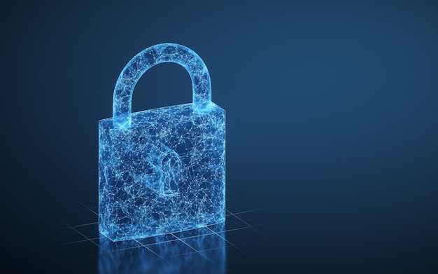 Lock with blue lines background 3d rendering