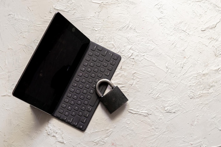 Photo a lock with a gadget network and personal data security concepts