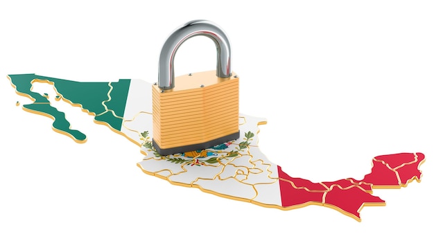 Lockdown in mexico padlock with map border protection concept 3d rendering