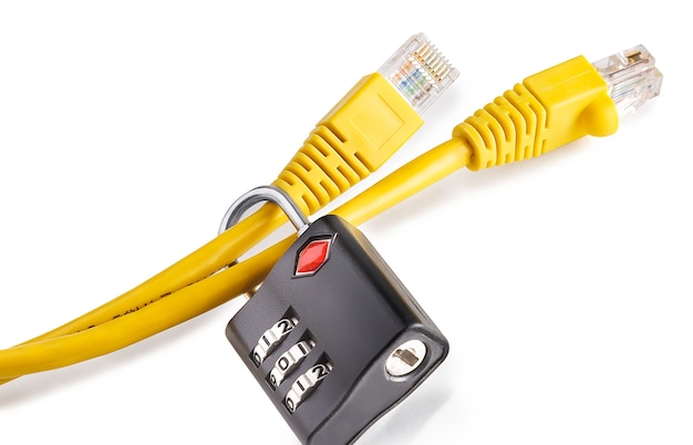 A locked padlock and network cables