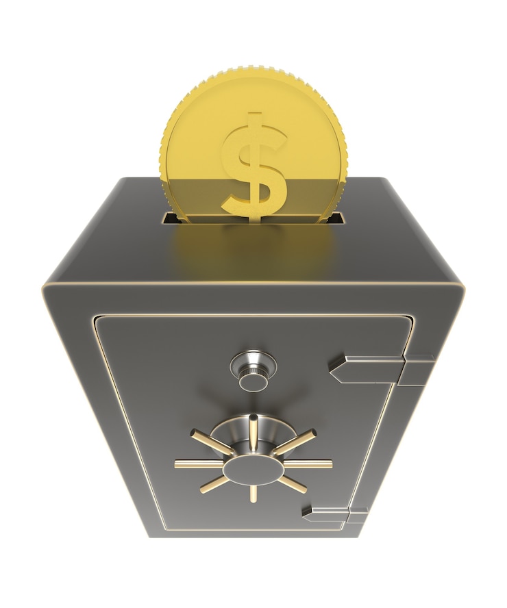 Photo locked safe with money coins inserted 3d rendering