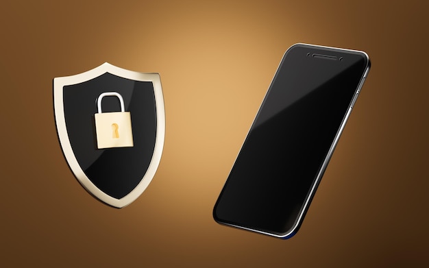 Locked shield and mobile phone 3d rendering