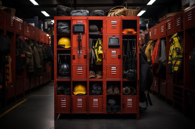 Foto locker in een brandweerkazerne met brandweerkleding en -uniformen generatieve ai