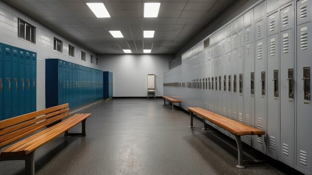 Photo locker room interior with benches and lockers