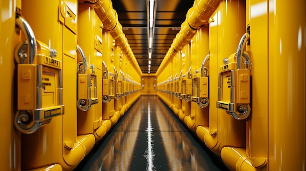 ロッカールームの金属製のドアが並んでおり、黄色の南京錠が安全です