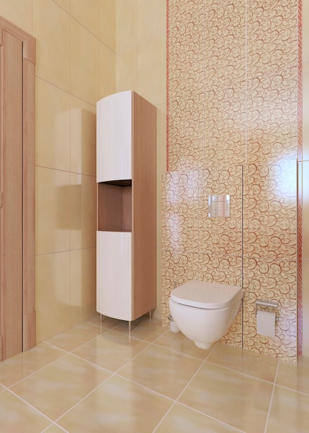 Шкафчик для полотенец с туалетом в современной ванной. 3D-рендеринг.