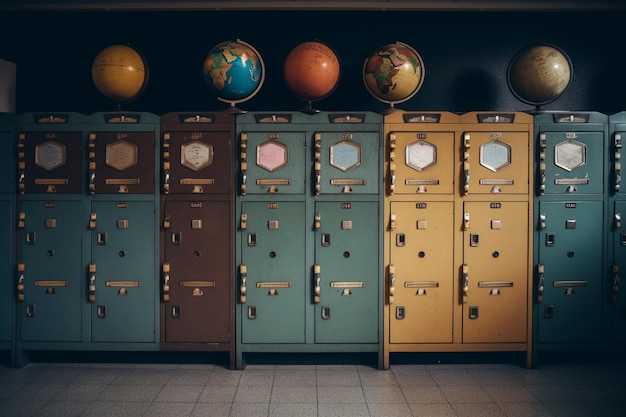 Lockers in a row with the word world on them