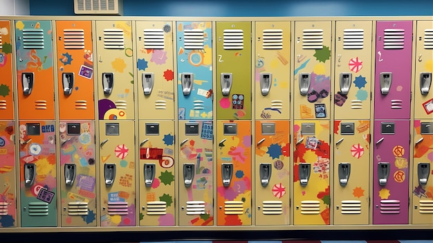 Шкафчики в школе вдоль стен украшены разноцветными наклейками Снова в школу