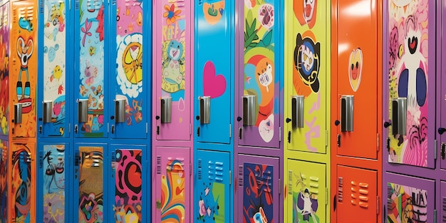 Lockers at school lining the walls decorated with colorful stickers and magnets Back to school