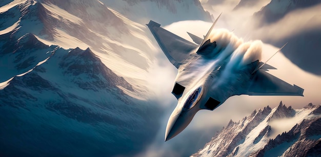 Lockheed Martin F22 doorbreekt de geluidsbarrière boven de Zwitserse Alpen sonic boom atmosferische verlichting Generatieve AI