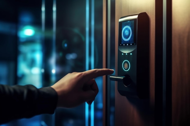 Locking smartlock on the entrance door using a smart phone remotely Concept of using smart