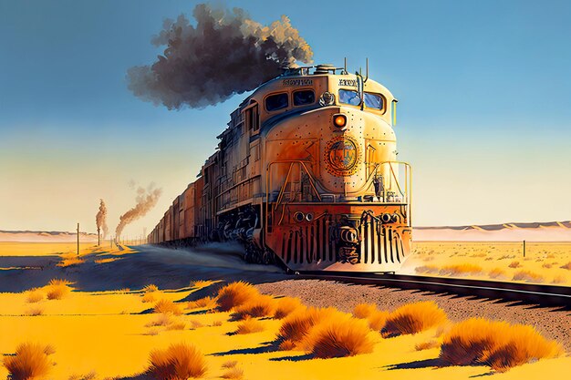 Locomotive with cargo train transports goods through deserted prairie