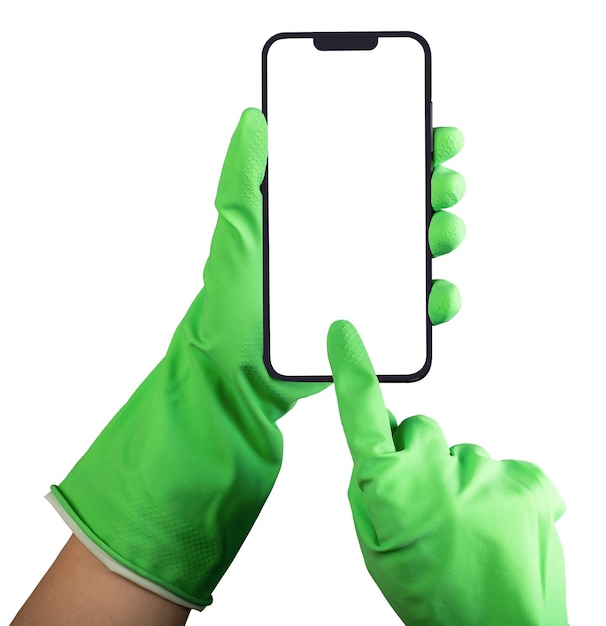 Lodz Poland February 07 2023 Hand in cleaning gloves with mobile phone screen mockup smartphone mockup isolated on white background