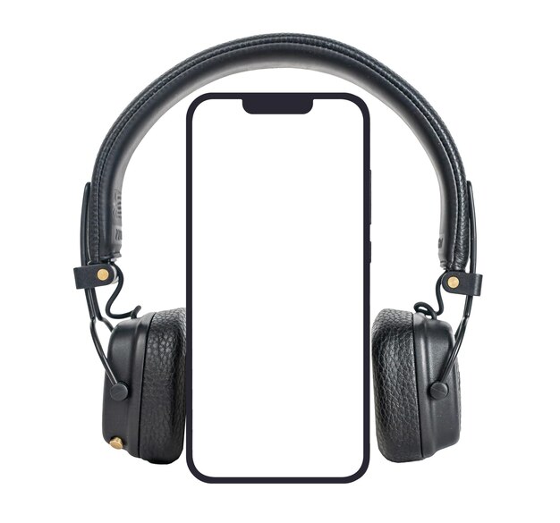 Photo lodz poland february 07 2023 mobile phone screen mockup smartphone display mockup with headphones for music application ad