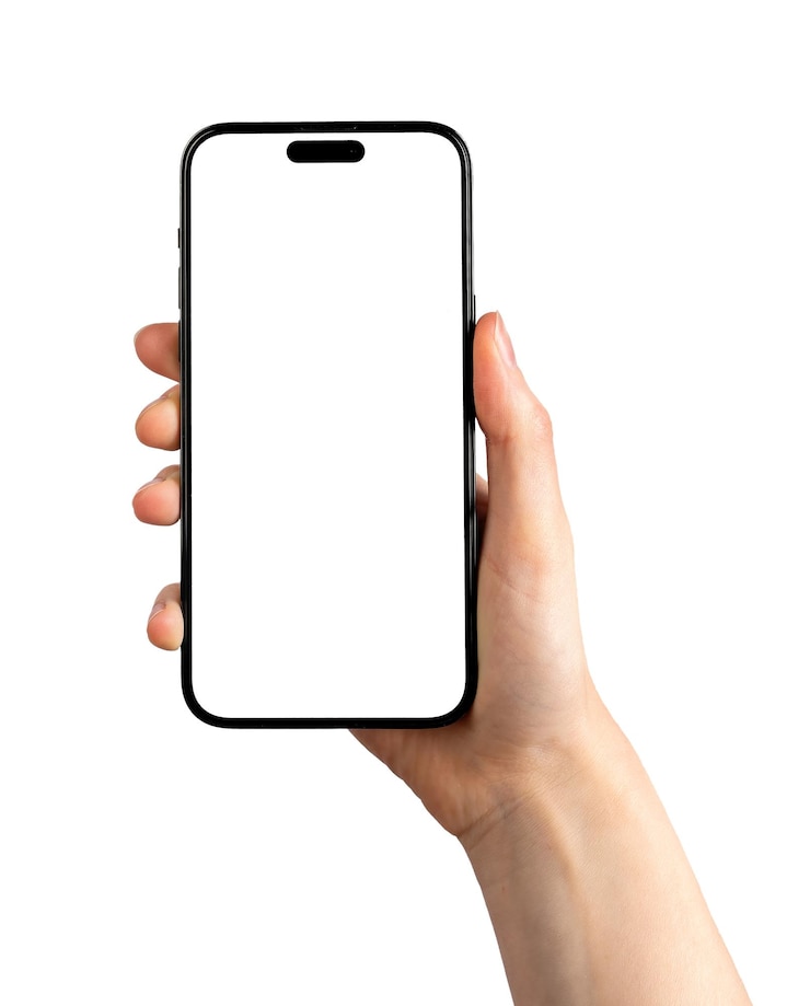 ウッチ ポーランド 2023 年 5 月 14 日携帯電話画面モックアップ iPhone 14 プロ ディスプレイ モックアップを白で隔離を持つ手