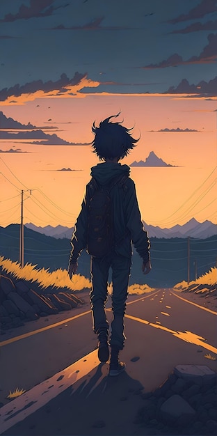 Lofi Anime boy is walking on a lost highway cozy