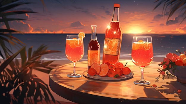 Lofi anime cocktail on a beach bar summer vibes illustration wallpaper background Generative AI