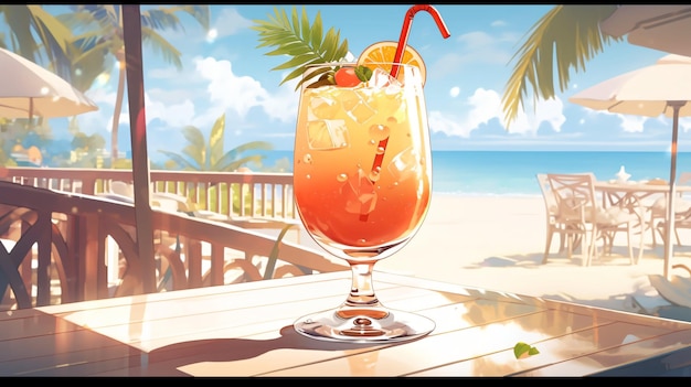 Lofi anime cocktail on a beach bar summer vibes illustration wallpaper background Generative AI