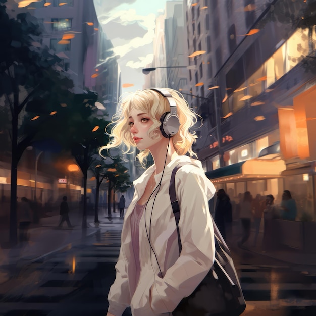 Lofi anime girl wearing headphones in city created using generative ai technology