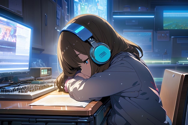 Foto lofi anime girl con le cuffie che ascolta musica